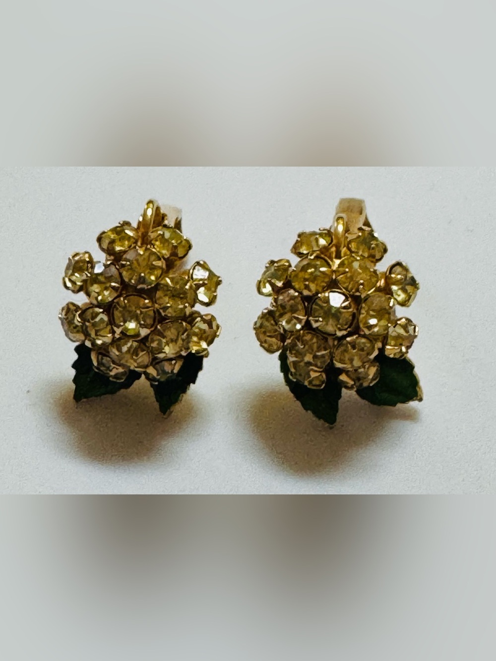 Vintage Rhinestone Clip-On Earrings with green enamel - Picture 6 of 8